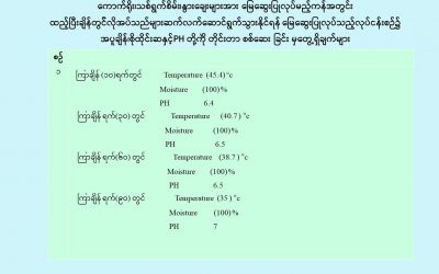 စက်မှုလယ်ယာဦးစီးဌာနမှ သုတေသနပြုစမ်းသပ်ထားသည့် လယ်ယာသီးနှံအကြွင်းအကျန်များ ကို ဆွေးမြည့်လွယ်စေသော လေအေးစနစ်ဖြင့် မြေဆွေးပြုလုပ်ခြင်းနည်းပညာ